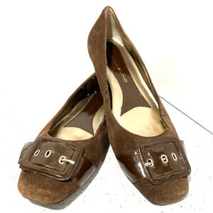 Bandolino brown suede leather flats slip on shoes US 7.5M faux patent buckle